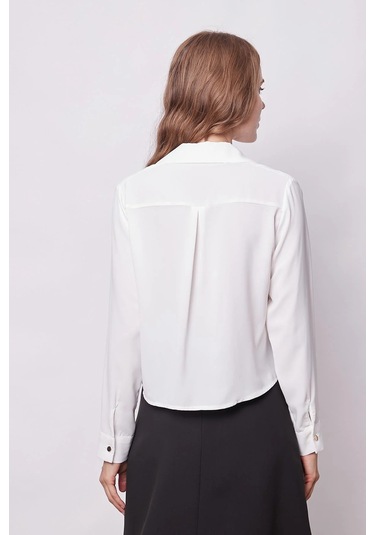 Kadın Likrasız Şık Kumaş Yakalı Uzun Kol Kısa Gömlek-krem Krem