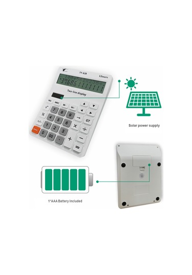 Singree 12 Haneli Geniş Lcd Ekran Büyük Tuşlu Solar Ve Pil İle Çalışan Ofis Okul Ev İçin Hesap Makinesi Beyaz