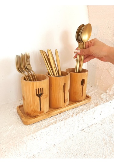 Bambu Altlıklı 3'lü Çatal Kaşık Bıçak Düzenleyici Set 4 Parça Bambu