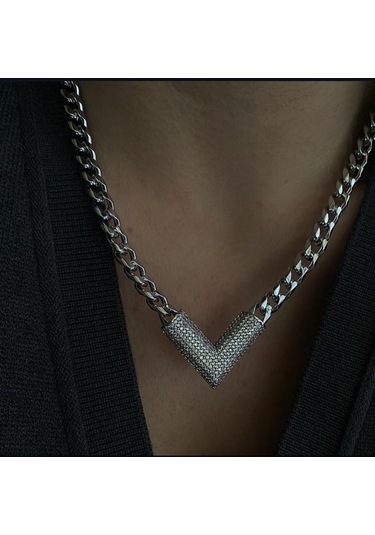 Kadın Kolye Özel Tasarım Zirkon Taş V Model Kalın Zincir Kolye Gümüş Kadın Kolye Özel Tasarım Zirkon Taş V Model Kalın Zincir Kolye Gümüş
