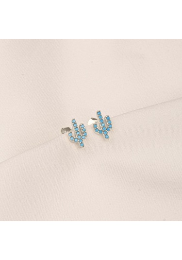 Altın Küpe - 14 Ayar Altın Minimal Kaktüs Modelli Firuze Turkuaz Taşlı Küpe Sarı