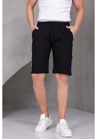 Dark Moda Erkek Şeritli Oversize İki İplik Kompakt Şort Siyah