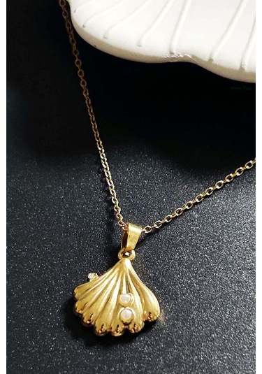 İncili, İstiridye Paslanmaz Çelik Kolye 410, Altın Renk Altın