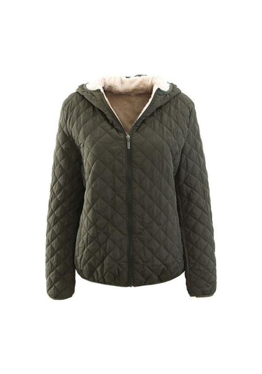 Kadın Kapşonlu Pamuk Ceket Sıcak Uzun Kollu Düz Renk Kapitone Fermuar Cep Rahat Gevşek Fit Kadın Ceket Asker Yeşili Haki