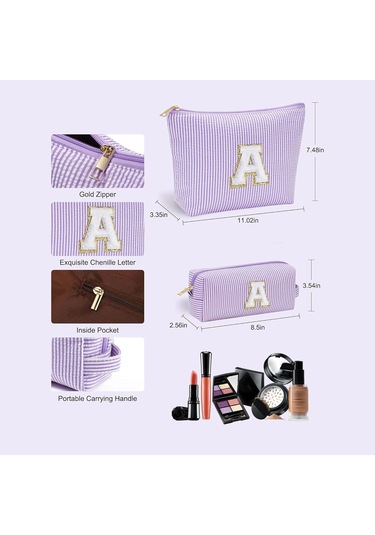 2 Parçalı Büyük Çizgili İlk Harfli Makyaj Çantası Seti - Şık Seyahat Tuvalet Çantası Ve Makyaj Düzenleyici, Makyaj Fırçaları İçin Sevimli Estetik Saklama Alanı, Kişiselleştirilmiş Hediyeler, Kadınlar İçin Kozmetik Çantası Mor B Mor-b