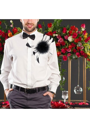 Suntek Çiçek Tüy Broş El Yapımı Saç Tokası 19cm-siyah Siyah