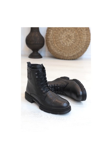 Konfores 1418 Anatomik Tabanlı Hakiki Deri Fermuarlı Erkek Spor B Siyah