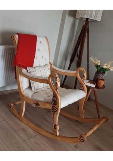 Asedia Vintage Kuğu Naturel Krem El Oyması Ahşap Sallanan Sandalye Dinlenme Koltuğu