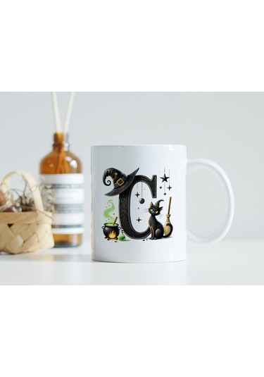 C Harfli Halloween Kedili Figür Kupa Bardak - Şapkalı Ve Kazanlı İsme Özel Kupa - Hediye 07 Beyaz