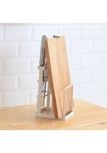 Teltree Bıçak Ve Kapak Tutuculu Mutfak Organizatörü - Kesme Tahtası Askılı Demir Raf 14x12x21cm Beyaz