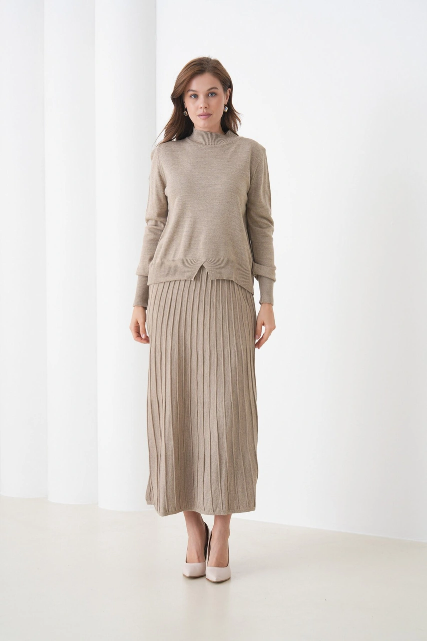 Kadın Pileli Etek Kazağı V Tasarım Tesettüre Uygun Örgü Triko Etek Kazak Takım Vizon