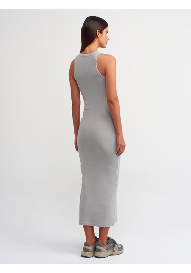 Dilvin Yıkama Efektli Midi Elbise Gri Açık Gri