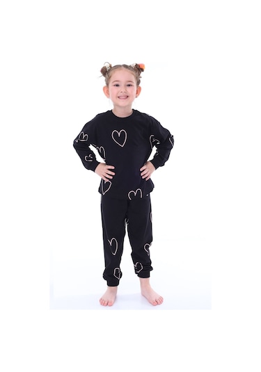 Zuzunga Minik Kalpler Desenli %100 Pamuk Kız Çocuk Pijama Takımı Siyah