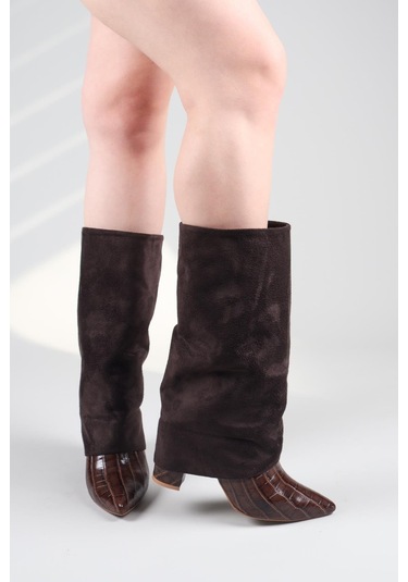 Selora Süet-kroko Garnili Topuklu Çizme Kahverengi-8554 Kahverengi