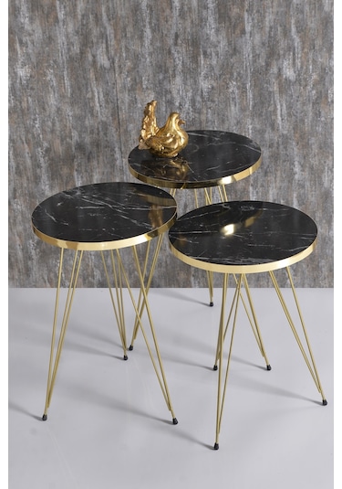 Zigon Sehpa Ve Orta Sehpa Kr Set Gold Tel Siyah Mermer Desen