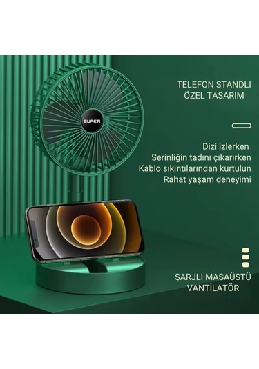 Polham 1200mah Şarjlı Katlanabilir Telefon Stantlı Masaüstü Serinletici Vantilatör Fan, Katlanır Fan