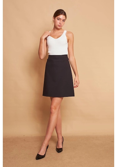 Yüksek Bel Hafif Likralı Kumaş Diz Boy Çan Etek-siyah Siyah