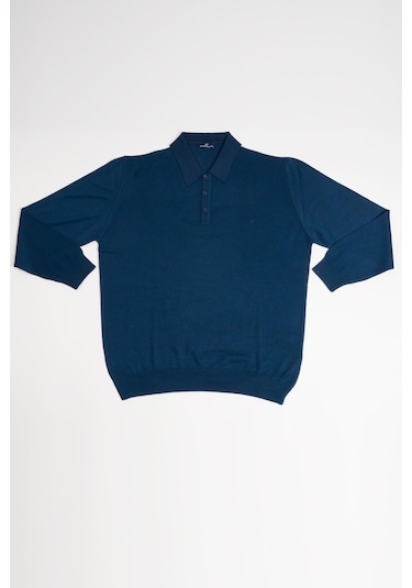 Woolen World Polo Yaka Battal Büyük Boy Yünlü Triko Kazak İndigo