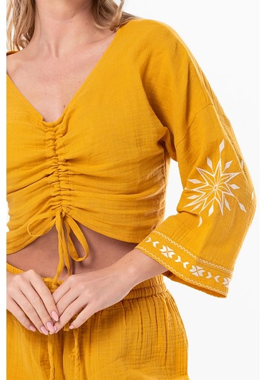 Uzun Kol Günışığı Büzgü Detaylı Yazlık Müslin Bluz Hardal Hrd-hardal