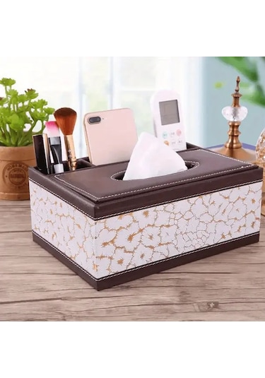 Tongdashop Beyaz Renkli Çok Bölmeli Şık Suni Deri Mendil Kutusu Telefon Ve Kumanda Saklama Beyaz