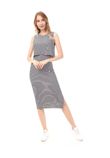 Luvmabelly Myra5552 - Emzirme Elbise Kolsuz Yırtmaçlı Çizgili - Siyah-siyah