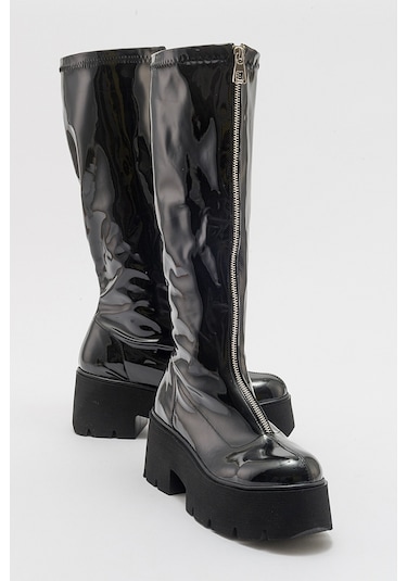 Luvishoes Amaronte Siyah Rugan Kalın Taban Kadın Çizme Siyah