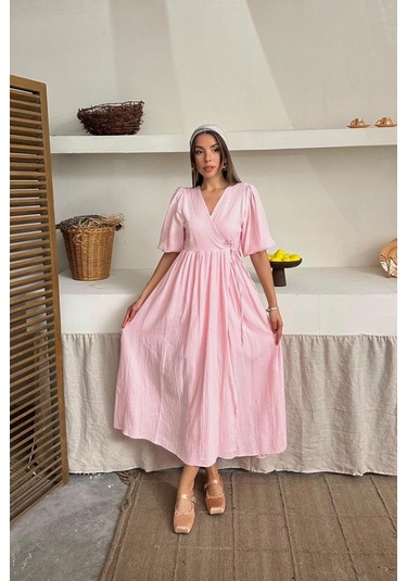 Hazego Pembe Müslin Uzun Elbise Pembe