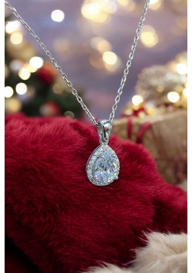 Modagümüşevi 925 Ayar Gümüş Pırlanta Tasarım Damla Kolye, Gümüş Kadın Kolye, Gümüş Kolye