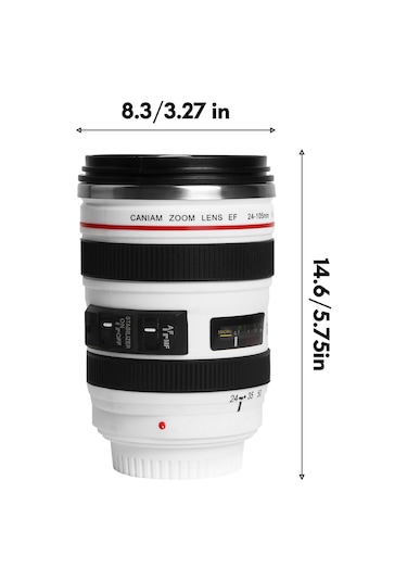 Geeksen Fotoğrafçılar İçin Özel Kamera Lensli Termos Kahve Kupası - 400ml Sızdırmaz Çelik Seyahat Bardağı Beyaz