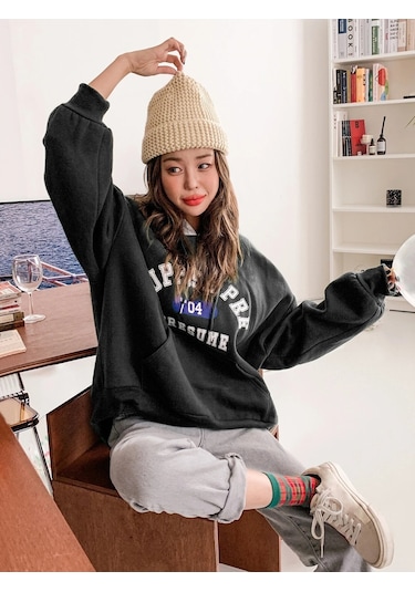 Kadın Siyah Suppose Baskılı Oversize Sweatshirt Siyah