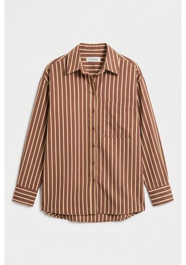 Itsbasic Kadın Kahve Çizgili S6-108 Oversize Rahat Kesim Gömlek