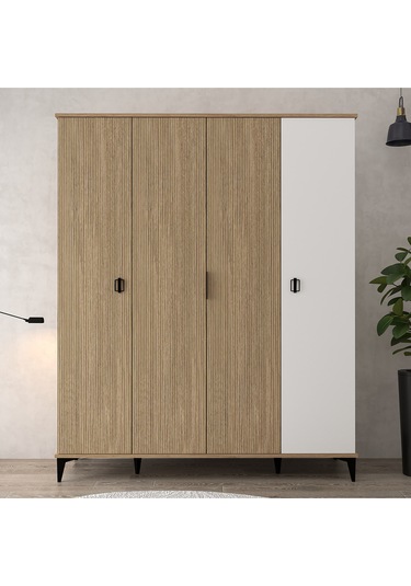6404 Neva 4 Kapılı 200 Cm Gizli Çekmeceli Gardırop , Elbise Dolabı , Genç Odası Sepet - Beyaz