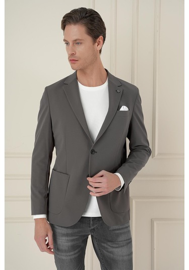 Slim Fit Torba Cep Esnek Spandex Karışımlı Düz Koyu Haki Blazer Ceket C 696 Haki