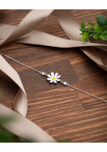 925 Ayar Rodyum 3 Boyutlu Mineli Papatya Gümüş Bileklik Gümüş - Rodyum