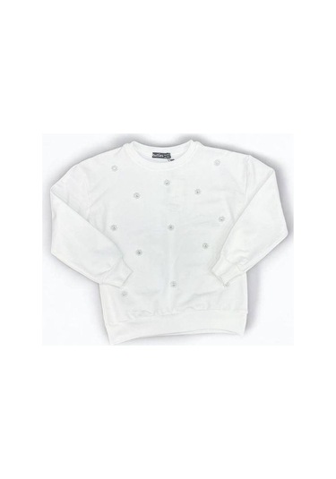 Kız Çocuk Pamuklu İnci İşlemeli İnce Sweatshirt-15007 Ekru