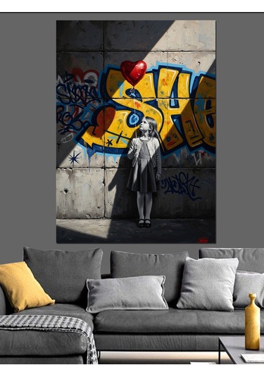 Graffiti Önünde Duran Küçük Çocuk Dekoratif Kanvas - Mdf Ahşap Tablo