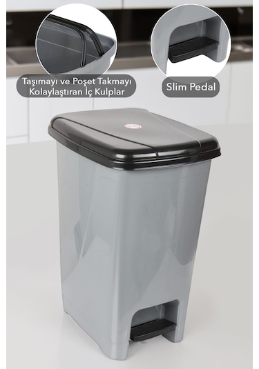Pedallı Gri Banyo Mutfak Çöp Kovası Siyah Kapaklı Slim Pedallı Çöp Kovası 8 Litre Gri