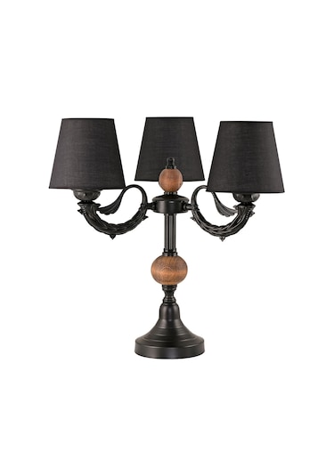 Üçlü Şamdan Masa Lambası Abajur Siyah Siyah Şapkalı Siyah
