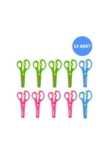 Neon Plastik Korumalı Küt Uçlu Yaylı Çocuk Okul Makası 10lu Set