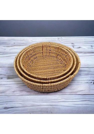 Büyük Boy Yuvarlak Hasır Servis Sunumluk Sepet Organizer Düzenley