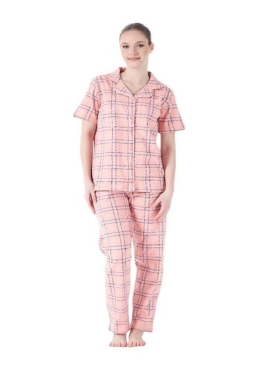 Estiva Kareli Desen Önden Düğmeli Bayan Pijama Takım Pembe