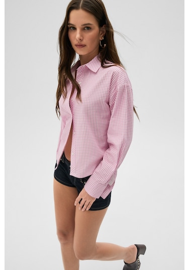Grimelange Grımelange Medea Kadın Slim Fit %100 Organik Pamuklu Kahverengi Çizgili Slim Fit Pembe Çizgili Gömle