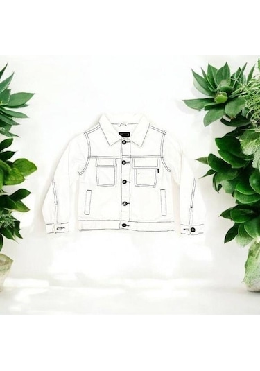 Kız Çocuk Beyaz Cep Detaylı Kot Ceket-15258 Beyaz
