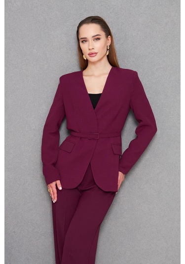 Kemerli V Yaka Takım Mürdüm Mürdüm