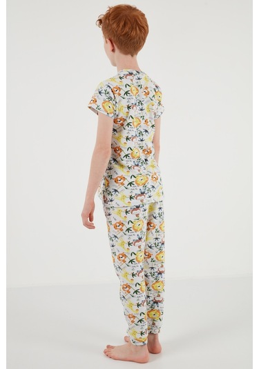 Lela Desenli % 100 Pamuk Bisiklet Yaka Erkek Çocuk Pijama Takımı 6651003 Ekru-Sarı