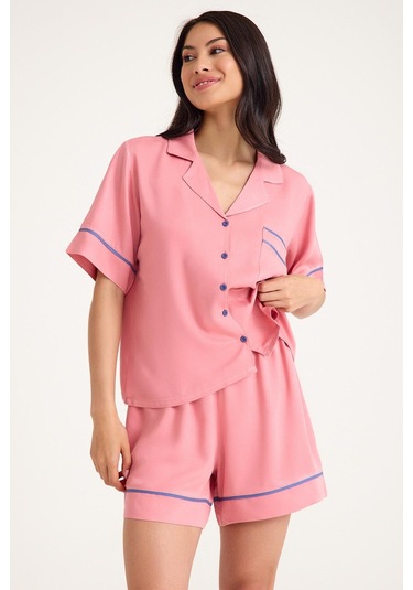 Dream Pembe Viskon Kısa Kollu Şortlu Önden Düğmeli Pijama Takım Pembe