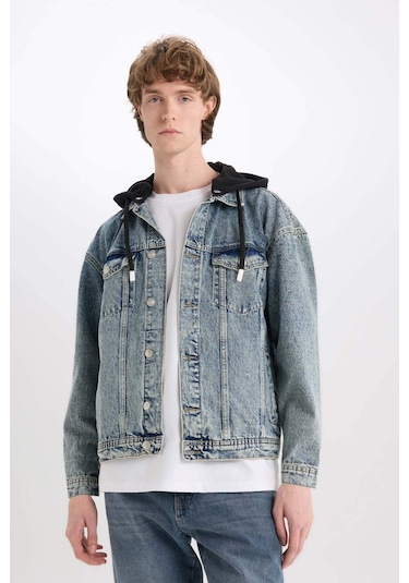 DeFacto %100 Pamuk Oversize Geniş Kalıp Kapüşonlu Düğmeli Mevsimlik Baharlık Jean Ceket D0417AX25SPNM39