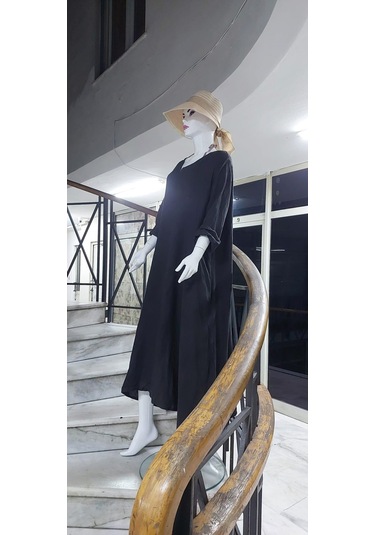 İtalyan V Yaka Uzun Kol Keten Elbise-8907 Antrasit