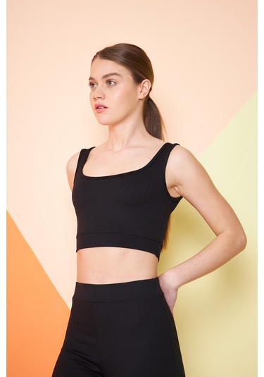 Fitilli Kare Yaka Esnek Örme Crop Büstiyer 3'lü Atlet Set Siyah - Haki - Bej