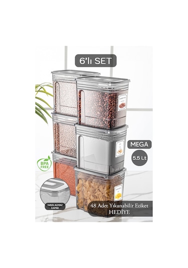 Meleni Home 6'lı Lena Jumbo Set- Un Ve Bakliyat Şeker Erzak Saklama Kabı - Dolap Kiler Düzenleyici Kutu 6x5,5 Lt